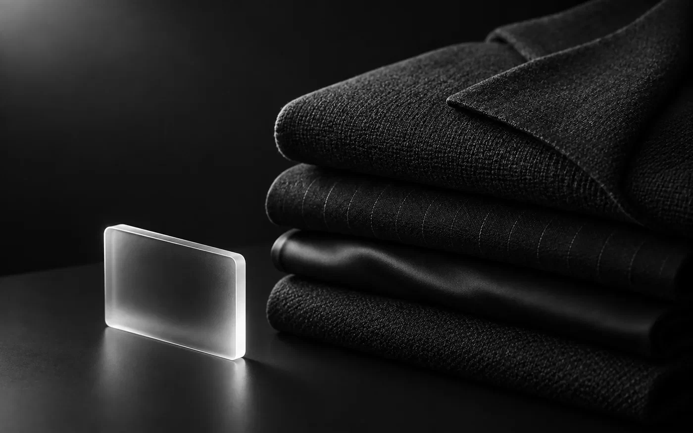 Pilha de roupas escuras dobradas com precisão ao lado de um pequeno bloco de vidro fosco