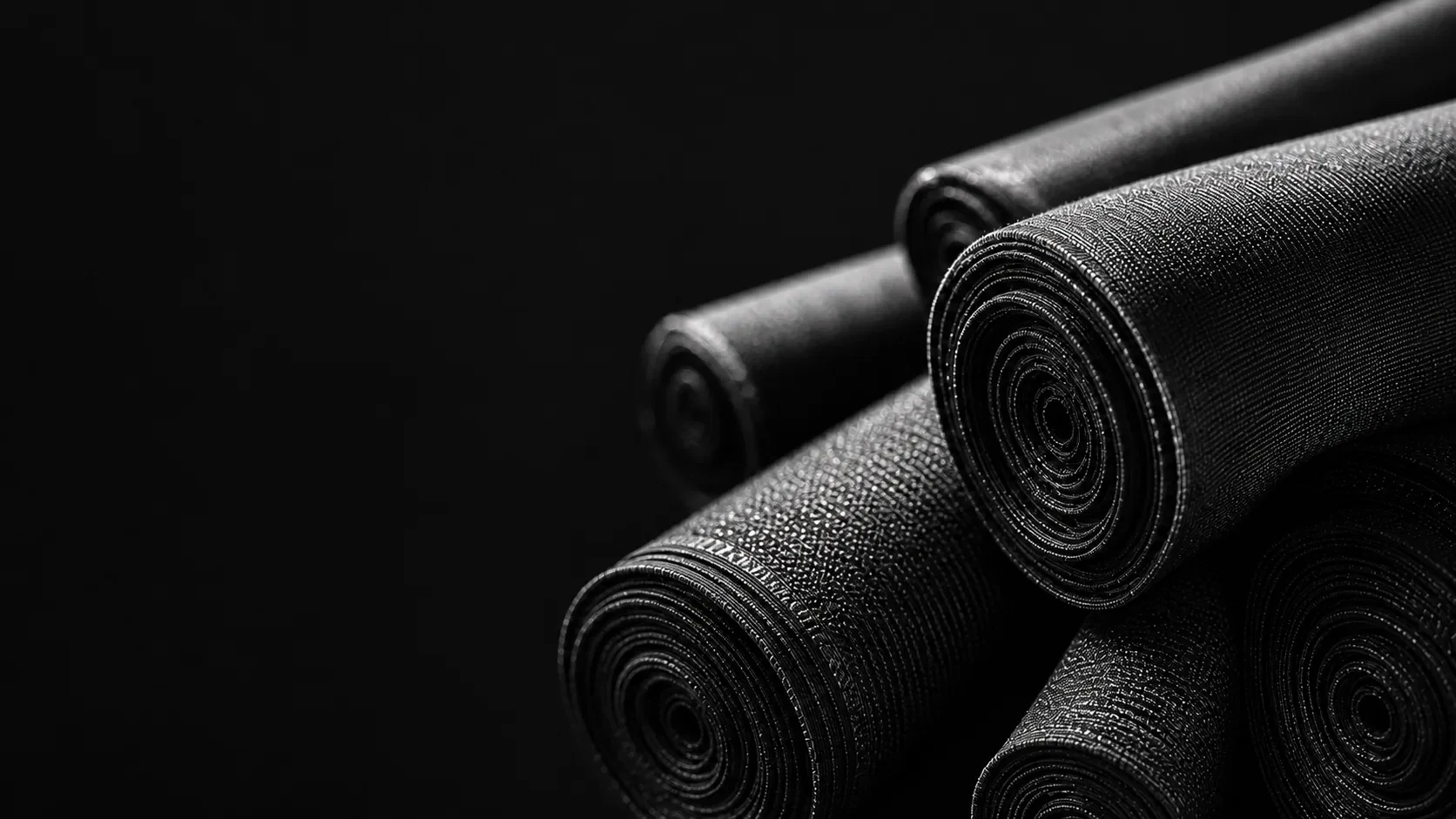 Rolos de tecido preto em detalhe