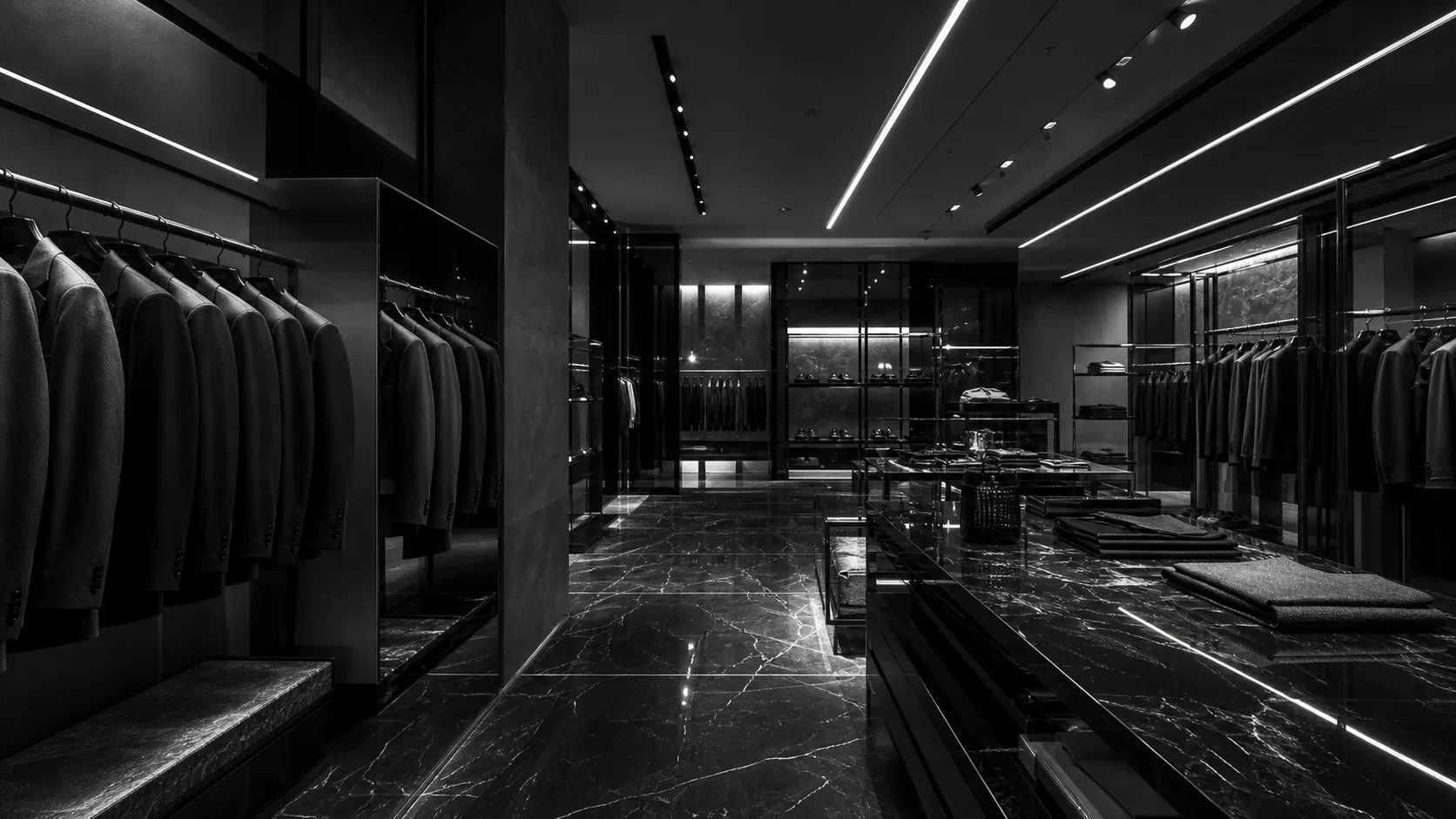 Interior monocromático de uma loja de moda masculina